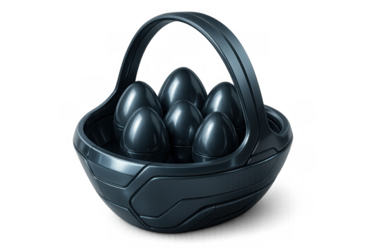 Futuristic metallic basket filled with modern glossy eggs, symbolizing innovation, technology, and a contemporary easter holiday