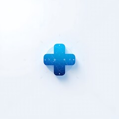 Modern blue plus symbol with circuit design on white, representing healthcare innovation, technology solutions, and positive impact in a minimalist style