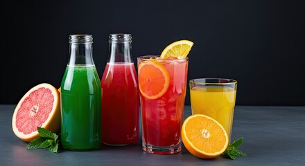 Freshly Squeezed Citrus Drinks and Refreshing Beverages on Dark Background