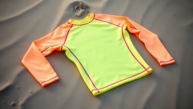 rashguard. Neon surf rashguard laid flat on wet sand, material stretched. lifestyle magazines, social media lookbooks, designed for lifestyle magazines and social media content.
