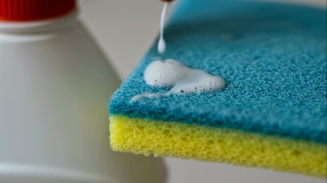 Detergent dispensing onto a dish sponge closeup. Washing kitchenware with cleaning product and sponge for hygiene. Housework concept.