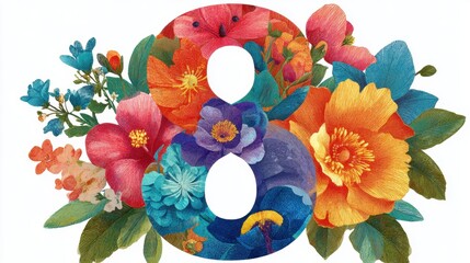 Bright and cheerful floral arrangement showcases the number eight surrounded by a variety of colorful flowers ideal for festive occasions or milestones.