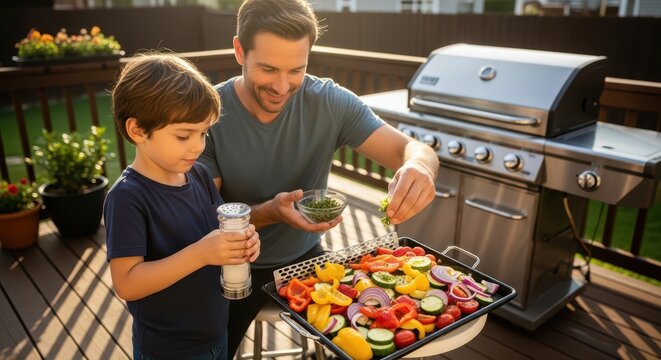 Caucasian father and son grilling vegetables on a sunny day: family cooking outdoors
