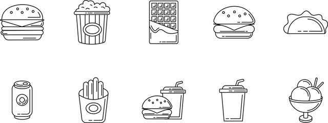 Collection of simple outline food and drink icons in minimalist stroke style for menus and branding.