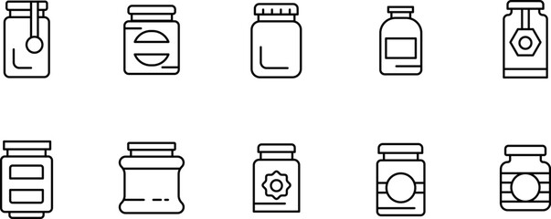 Set of minimal outline jar and bottle icons in clean line style suitable for packaging, labels, and UI use.