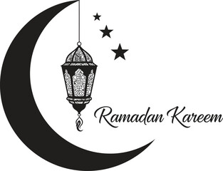 Ramadan kareem illustration with crescent moon lantern and stars on white