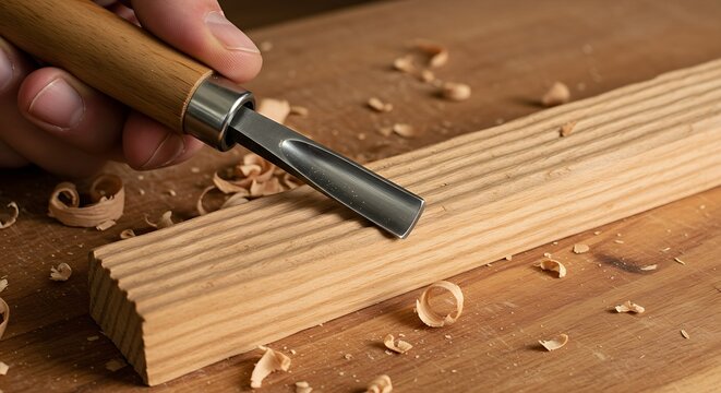 a hand-held carving tool creating a repetitive pattern of ridges in a piece of soft basswood.