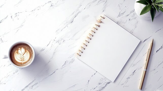 A clean and organized workspace featuring a cup of coffee with latte art, an open notebook, a pen, and a small green plant on a marble surface. - Powered by Adobe