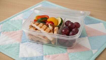Healthy Lunchbox with Grilled Chicken, Vegetables, and Grapes.