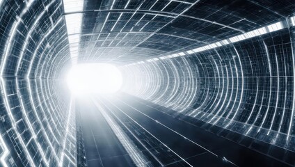 Futuristic Digital Tunnel with Bright Light at the End.