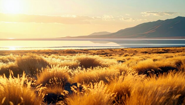 A serene landscape at sunset features golden dry grass in the foreground, a reflective lake, and distant mountains under a warm sky. - Powered by Adobe