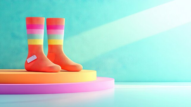 A pair of bright orange socks with colorful horizontal stripes and a white tag are displayed on a multi-layered pastel podium against a turquoise wall.