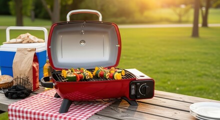 Red portable grill with skewered vegetables on picnic table in park setting