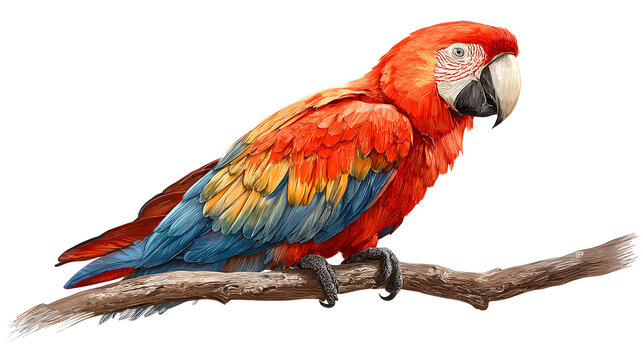 Image of colorful parrot on white background. Pet. Wildlife AnimalsScarlet macaw perched on a tree branch set against an artistic, colorful tropical background
