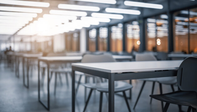 Close-up on modern dining or communal tables and chairs in an open-plan office space with bright overhead light and sun glare.