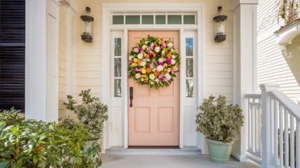 A pink door with a wreath on it is in front of a house. The wreath is made of flowers and is hanging on the door. The house has a white exterior and a white door