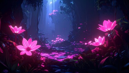 Enchanted Forest with Glowing Pink Water Lilies and Mystical Blue Light.