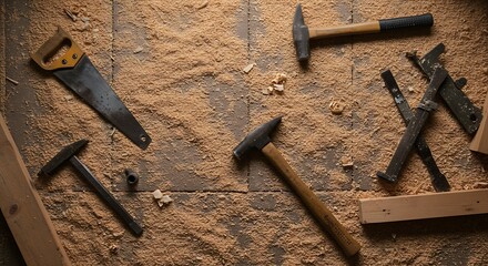 a workshop floor covered in sawdust, with a few key tools—a handsaw, a hammer—lying discarded.