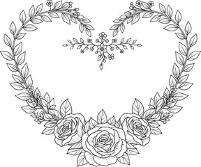 Hand drawn floral heart frame with roses, black and white botanical vector illustration, wedding invitation border, isolated coloring page design.