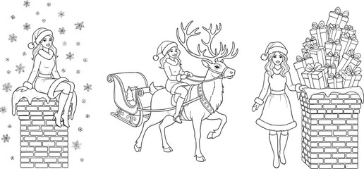 Christmas illustration, festive women, Santa outfit, reindeer sleigh, chimney gifts, holiday celebration, winter snow, seasonal joy, Christmas drawing, holiday scene