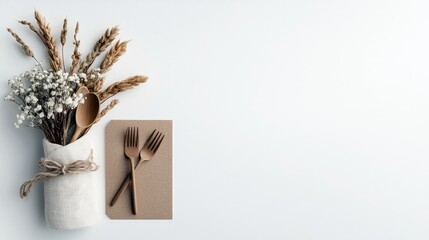 A rustic arrangement featuring dried wheat stalks and delicate baby's breath flowers, tied with twine, alongside a wooden spoon and two wooden forks resting on