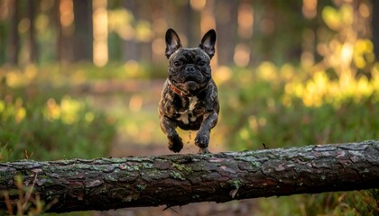 A brindle-coated canine leaps over a fallen log, captured mid-air in a vibrant forest setting. The blurred background shows sunlit trees