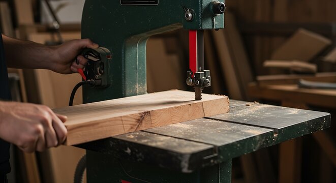 a hand-cranked band saw, with a large piece of wood being guided through the blade.