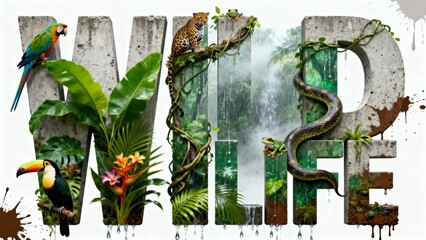 WILD LIFE Rainforest Blend Poster Design Exotic Animals and Jungle Plants in Creative Typographic Art
