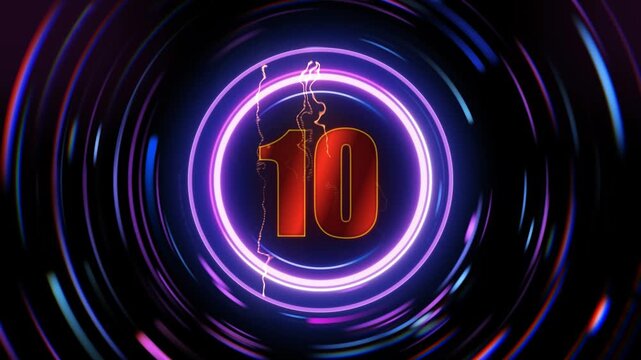 Animated countdown timer with glowing neon circles and number ten against a dark background