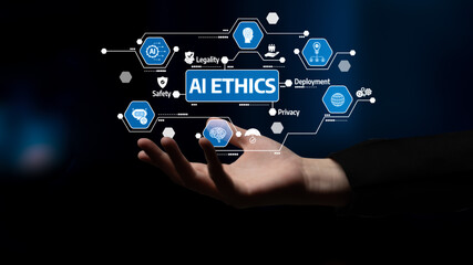 A hand reaches out to showcase digital icons related to AI ethics, highlighting key themes such as safety, legality, and privacy, set against a modern, tech-inspired background. Tessel