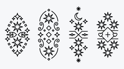 Celestial Star and Moon Geometric Decorative Ornaments with Curlicues and Lines