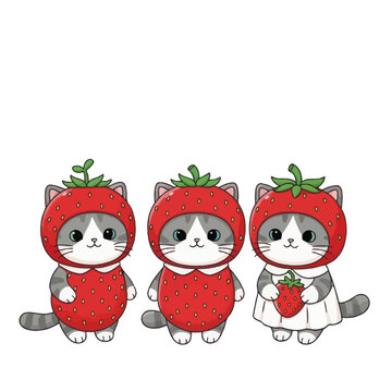 Three cute cats wearing strawberry costumes together.