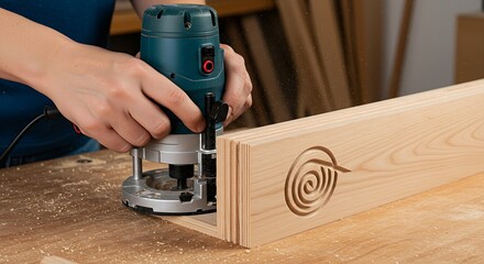 A hand using a router to create a series of decorative grooves on the side of a wooden box.