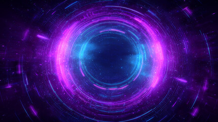 Obraz premium Abstract cosmic tunnel with glowing purple and blue rings, radiant energy waves, and star-like particles in a futuristic space vortex. 