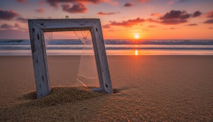 Wooden Frame on Sandy Beach at Sunset - A Coastal Dream.