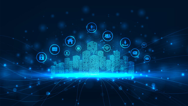 Futuristic  artificial intelligence digital cyber technology concept. IOT connection with circuit on blue background