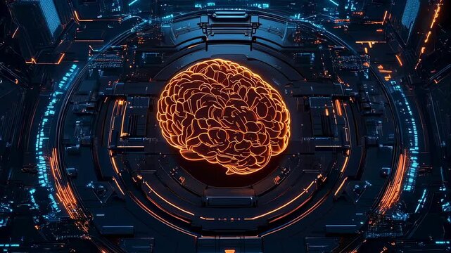 Glowing brain icon rotates in digital circuit cyberspace indicating artificial intelligence concept with modern technology innovation - Powered by Adobe