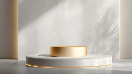 Confidence fashion mockup on high pedestal with golden spotlight and clean white stage