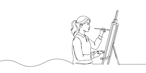 A single continuous line of a creative professional painting on canvas, symbolizing work in the creative industry, vector illustrator