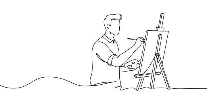 A single continuous line of a creative professional painting on canvas, symbolizing work in the creative industry, vector illustrator