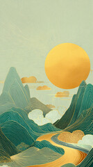Stylized mountain landscape with a large golden moon rising over waves and clouds
