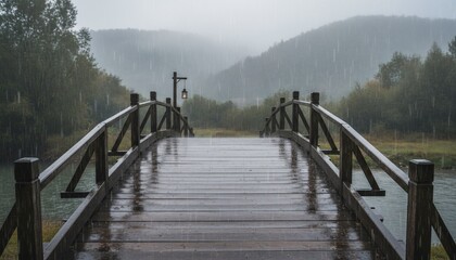 Rainy Day on a Wooden Bridge in a Mountainous Landscape.
