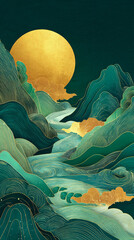 Stylized mountain landscape with a large golden moon rising over waves and clouds
