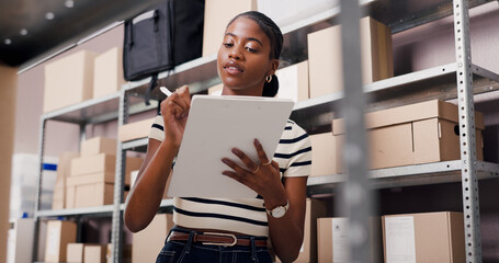 Ecommerce, clipboard and writing with black woman in warehouse for inspection, shipping and supply chain. Delivery checklist, quality assurance and inventory management with person for distribution