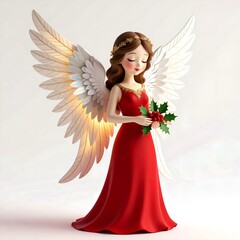 3D Christmas Angel in Red Dress Holding Holly Berries
