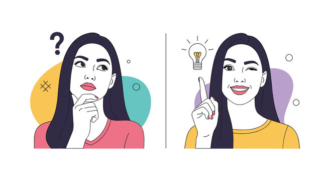 Woman thinking with a question mark, then getting an idea with a lightbulb and a wink.