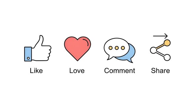 Illustrations representing social media engagement icons: like, love, comment, share