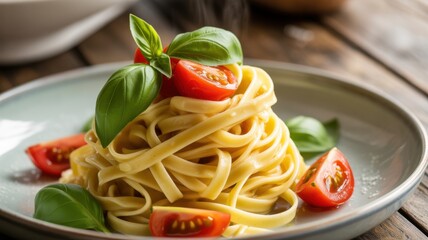 Delicious fettuccine pasta dish with fresh cherry tomatoes and basil leaves presented beautifully on a rustic wooden table a culinary delight ideal for restaurant menus and food blogs