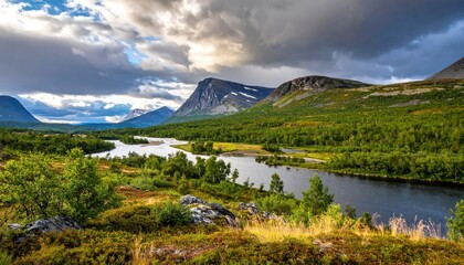 Scenic Mountain Landscape with River and Lush Greenery in Northern Sweden.