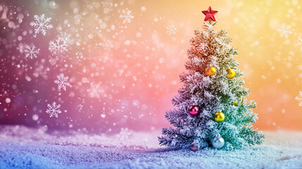 A snow-covered Christmas tree adorned with red ornaments and a star, set against a magical winter backdrop with falling snowflakes and bokeh lights.
